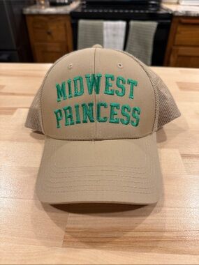 Midwest Princess Embroidered Trucker Hat - Khaki with Teal